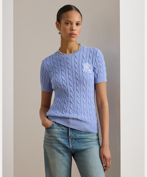 ケーブルニット コットン ショートスリーブ セーター