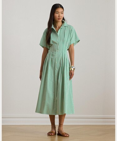 ストライプド プリーテッド ブロードクロス シャツドレス