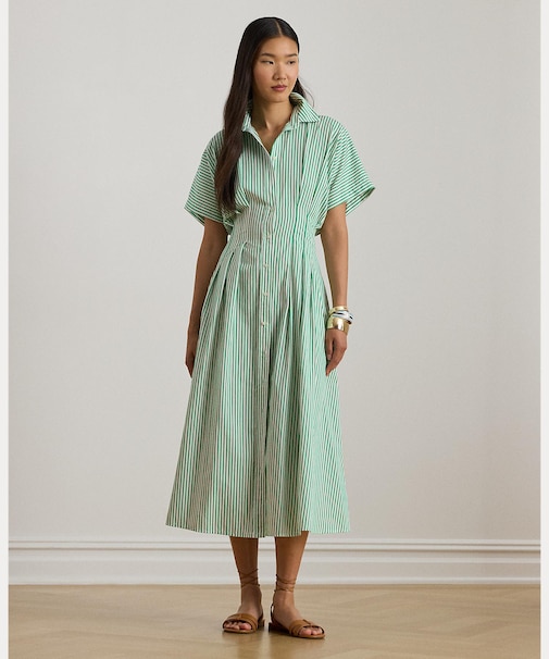 ストライプド プリーテッド ブロードクロス シャツドレス