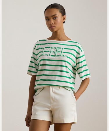 ストライプド ビーデッドロゴ コットン ジャージー Tシャツ