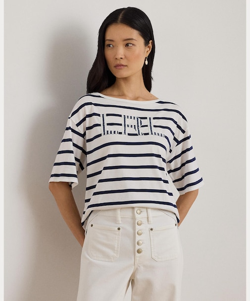 ストライプド ビーデッドロゴ コットン ジャージー Tシャツ