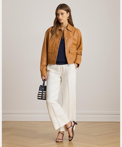 リネンブレンド ツイル ワイドレッグ クロップド パンツ