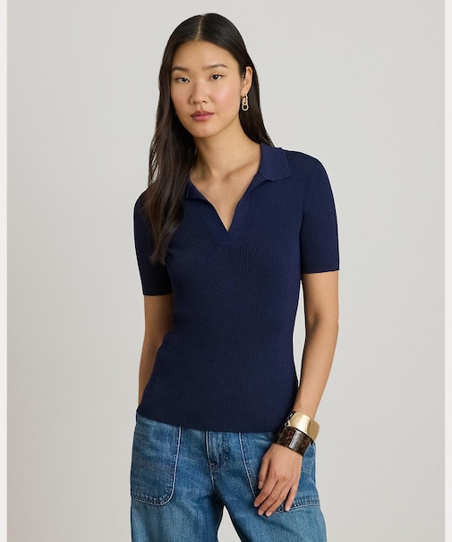 リブニット ショートスリーブ ポロ セーター