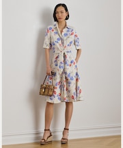フローラル タイフロント リネン シャツドレス