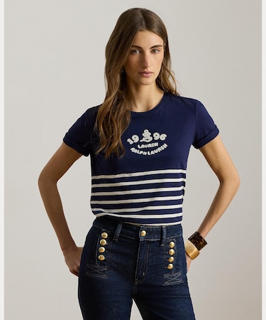 ストライプド エンブロイダリーロゴ ジャージー Tシャツ