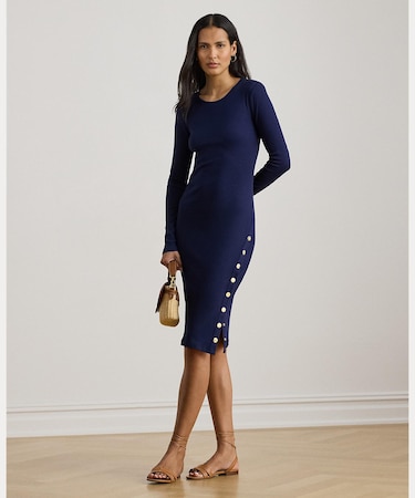 ボタントリム リブ コットンブレンド ドレス