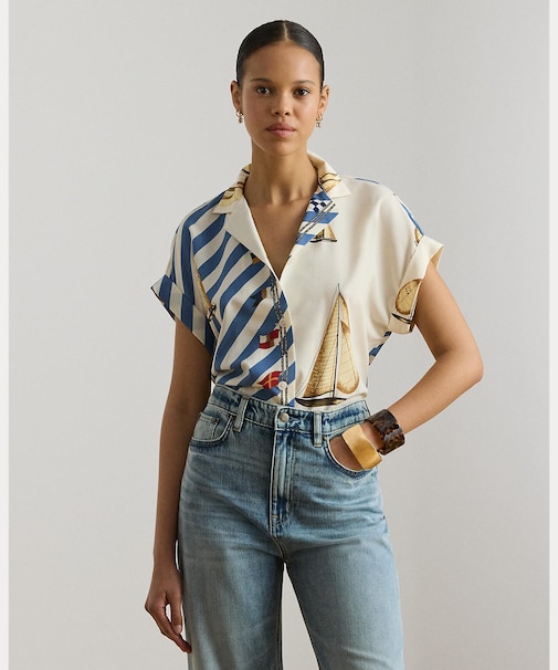 ストライプド セールボートプリント クレープ キャンプ シャツ