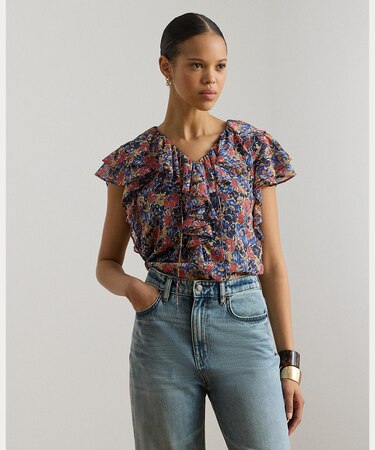 フローラル フリルトリム ジョーゼット ブラウス