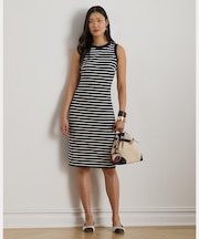 ストライプド スナップトリム ポンチ シース ドレス