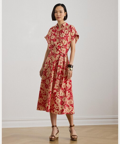 フローラル ベルテッド クレープ ドレス