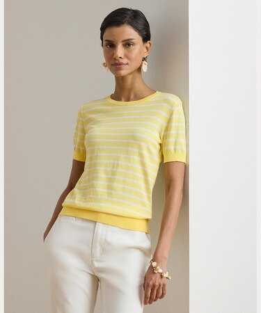 ストライプド コットン ショートスリーブ セーター