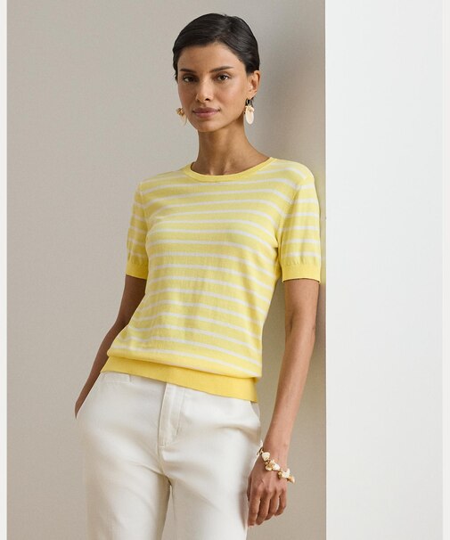 ストライプド コットン ショートスリーブ セーター