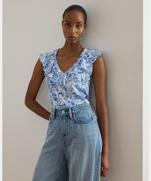 ペイズリー フリルトリム スラブ スリーブレス トップ