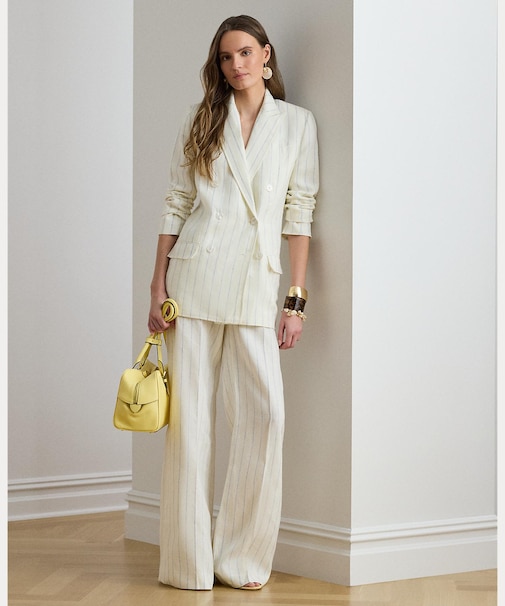 ストライプド リネン ワイドレッグ パンツ