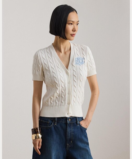 ケーブルニット コットン ショートスリーブ カーディガン