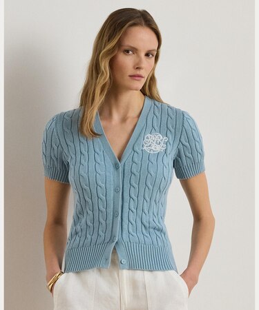 ケーブルニット コットン ショートスリーブ カーディガン