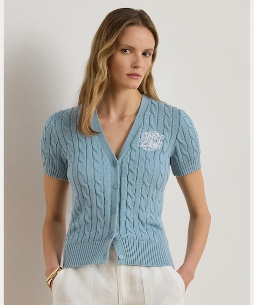 ケーブルニット コットン ショートスリーブ カーディガン