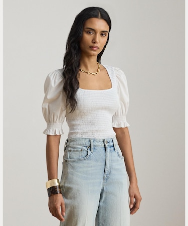 スモックド コットン ジャージー パフスリーブ トップ