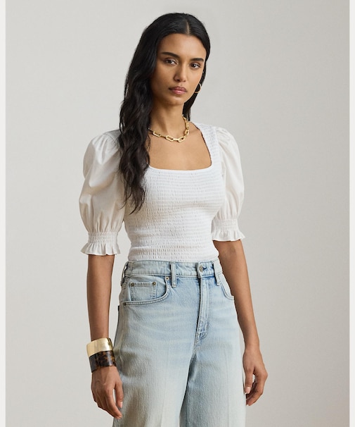 スモックド コットン ジャージー パフスリーブ トップ