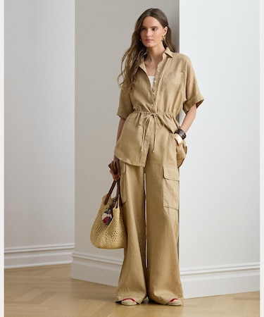 リネン ワイドレッグ カーゴ パンツ