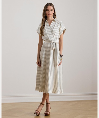 ストライプド ベルテッド ツイル ドレス