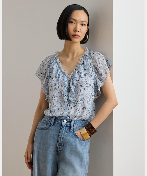 フローラル フリルトリム ジョーゼット ブラウス