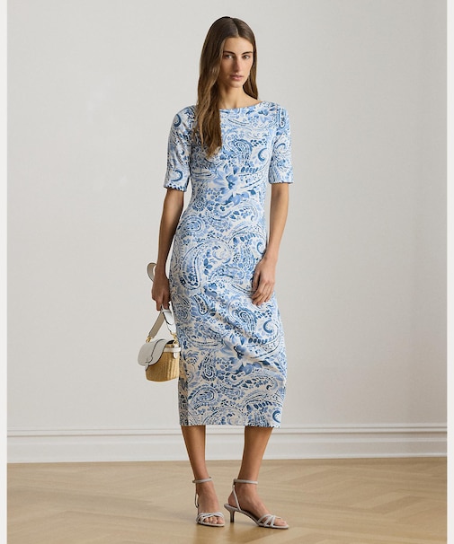 ペイズリー コットン ボートネック ミディ ドレス