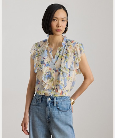 フローラル フリルトリム ジョーゼット シャツ