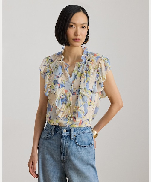 フローラル フリルトリム ジョーゼット シャツ