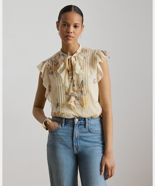 フローラル ピンタックド タイネック ブラウス