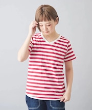 USコットン14/-空紡糸天竺 ボトル入りボーダーVネックTシャツ