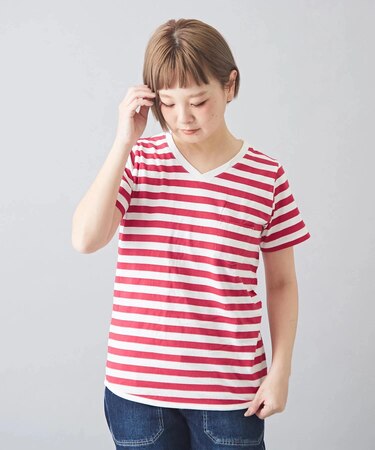 USコットン14/-空紡糸天竺 ボトル入りボーダーVネックTシャツ