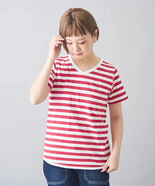 USコットン14/-空紡糸天竺 ボトル入りボーダーVネックTシャツ