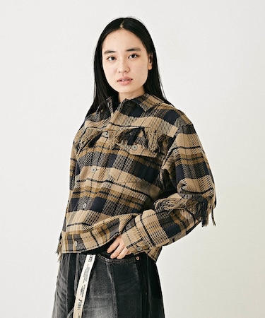 微起毛 チェック柄 フリンジ ジャケット