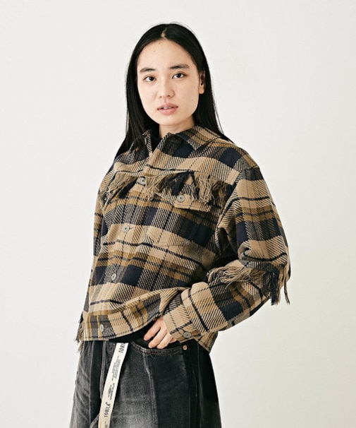 微起毛 チェック柄 フリンジ ジャケット