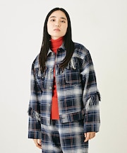 微起毛 チェック柄 フリンジ ジャケット