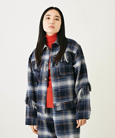 微起毛 チェック柄 フリンジ ジャケット