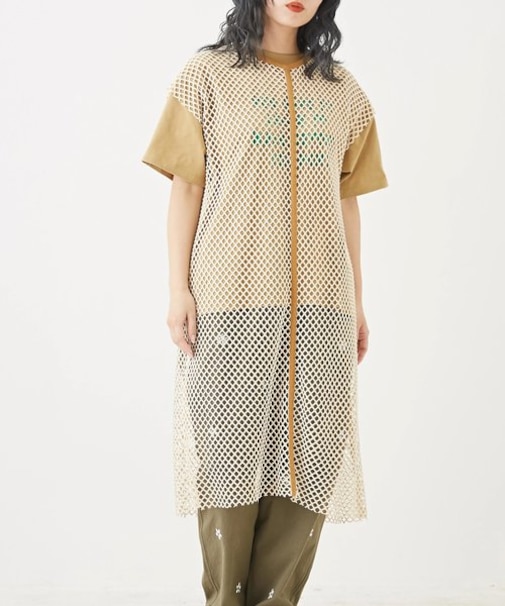 メッシュ フレンチスリーブ ワンピース