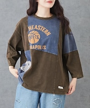 20/- 天竺 パウダー加工 7分袖 リメイク風 切替 Tシャツ
