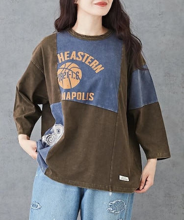 20/- 天竺 パウダー加工 7分袖 リメイク風 切替 Tシャツ