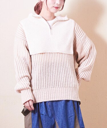 ピーチヤーン ジャガード ニット レイヤード風 パーカー