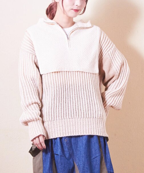 ピーチヤーン ジャガード ニット レイヤード風 パーカー