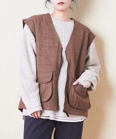 ウールライク ヘリンボン チェック Vネック ジップアップ ベスト