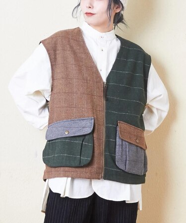 ウールライク ヘリンボン チェック Vネック ジップアップ ベスト
