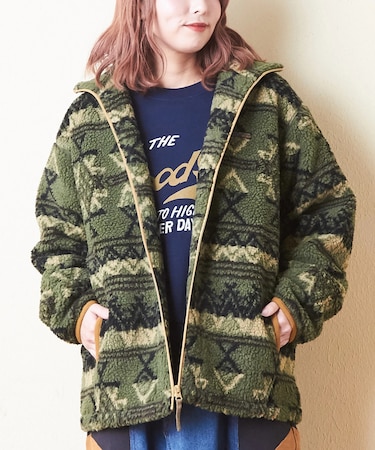 総柄 ボア ジップアップ スタンドカラー ジャケット
