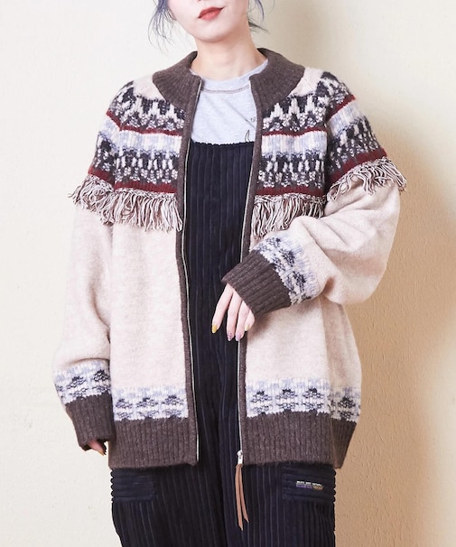 求心柄 ジャガード フリンジ付 ジップ カーディガン