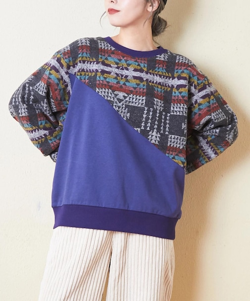 スウェット × ジャガード クルーネック プルオーバー