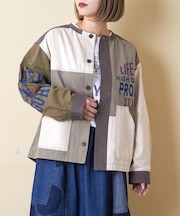 ツイル 切替 プリント ノーカラー ジャケット