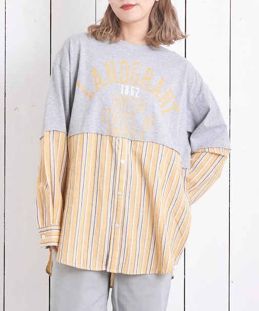 20/-OE天竺 カットソー ×シャツ リメイク風 プルオーバー