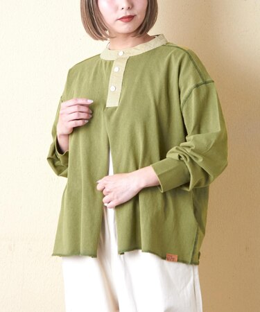 21/-OE天竺 カットソー パウダー加工 ヘンリーネック カーディガン